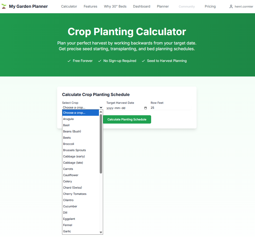 Calculator crop selection dropdown showing categories and individual crops