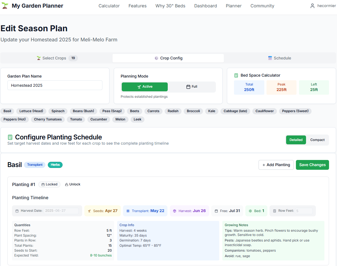 Crop configuration form with settings