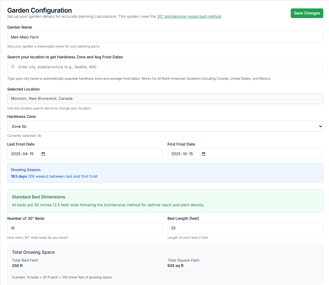 Garden configuration settings page showing required fields