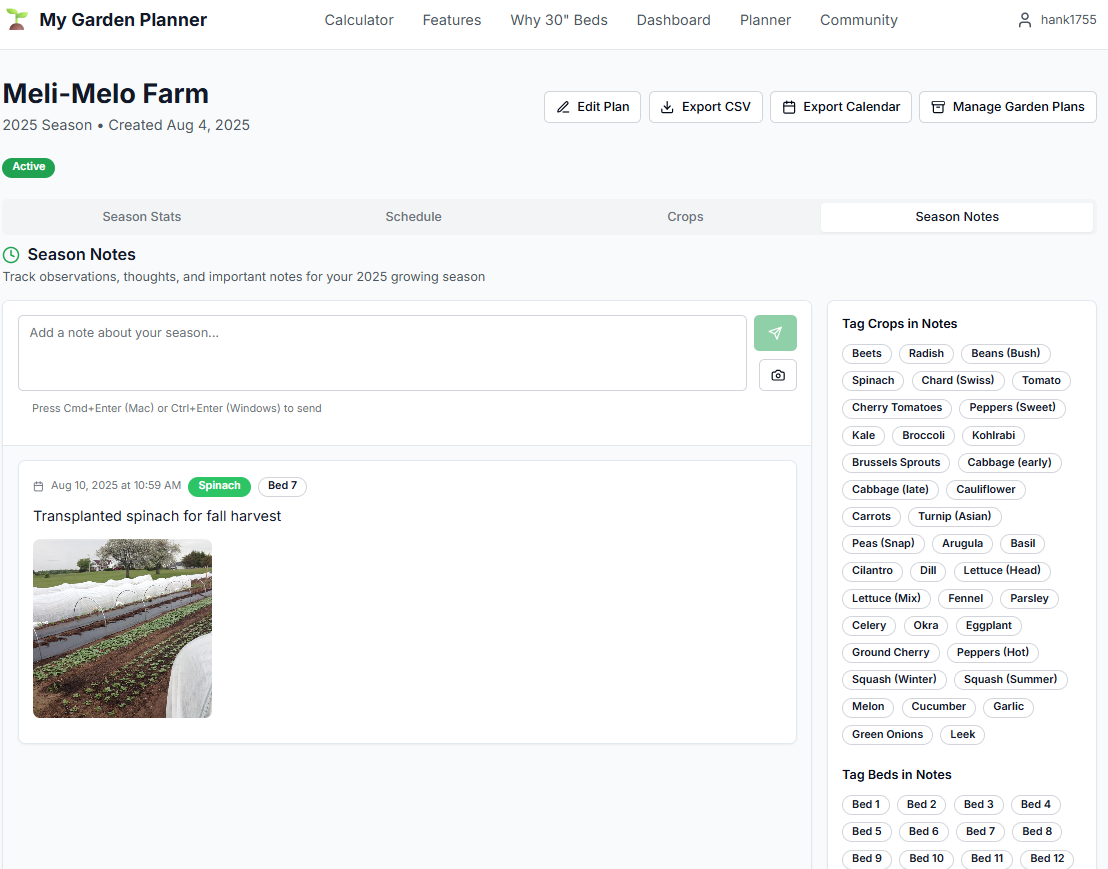 Season notes interface with photo uploads and tagged entries